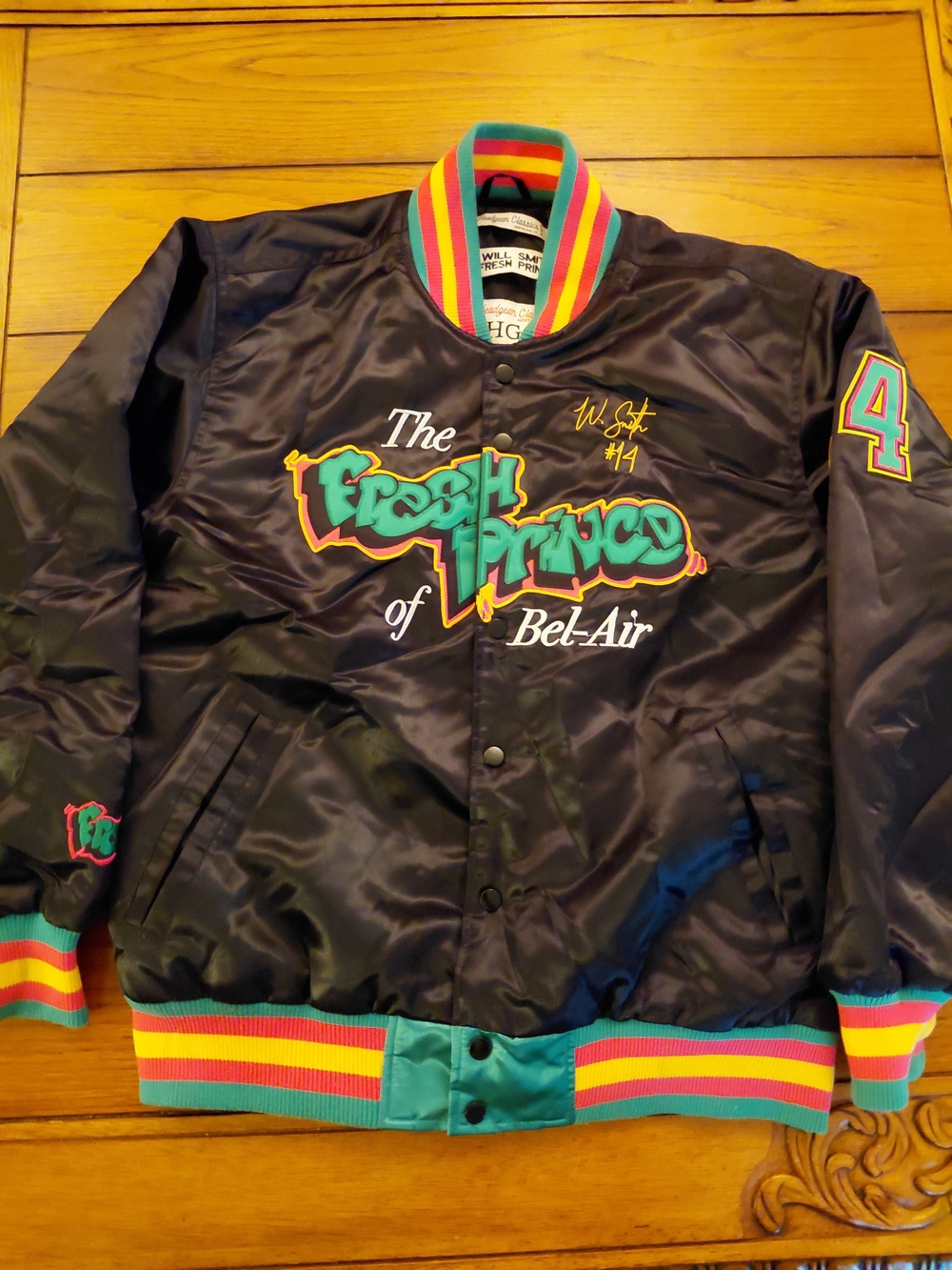 Fresh Prince of Bel-Air Kids Satin Jacket - Black with Teal & Multicolor Trim